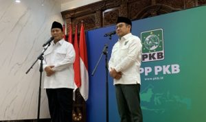 Presiden RI terpilih Prabowo Subianto dan Ketua Umum PKB Muhaimin Iskandar alias Cak Imin di Kantor DPP PKB, Jakarta Pusat, Rabu, 24 April 2024